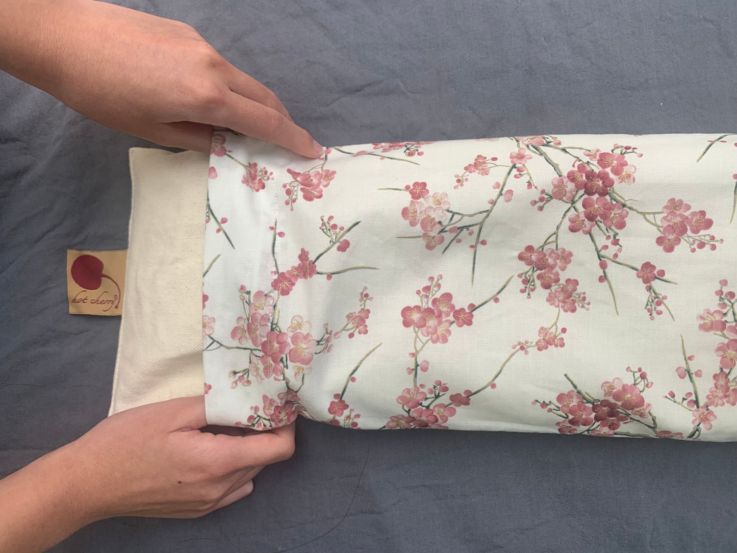 Cervical Neck Pillow in Natural Denim with Cherry Blossom pillowcase