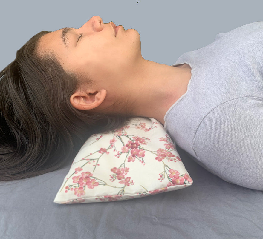 Rectangle/Cervical Pillow in Unbleached, Pre-washed, Natural Denim, with Cherry Blossom Pillowcase-1